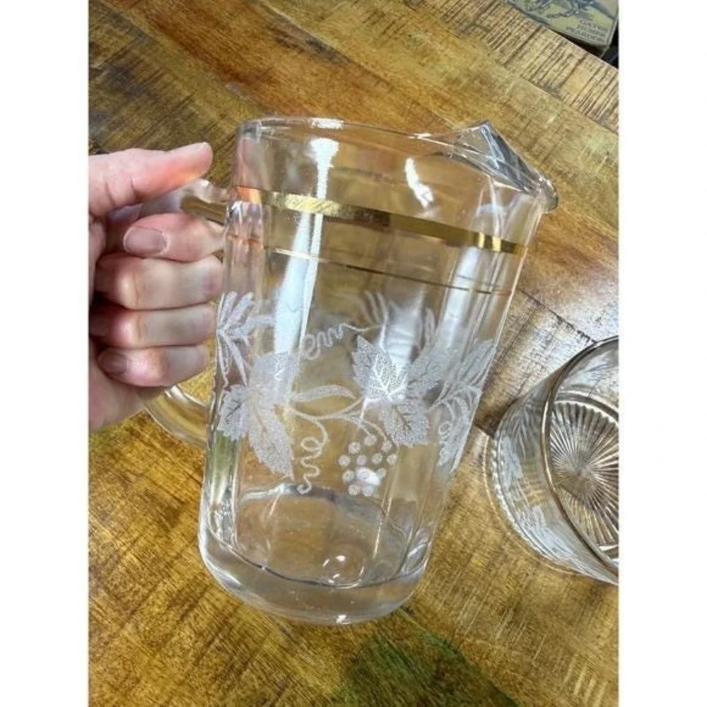 Vintage MCM Glass Pitcher and Ice‎ Bucket Set Gold Rim Frosted Grape Vine White